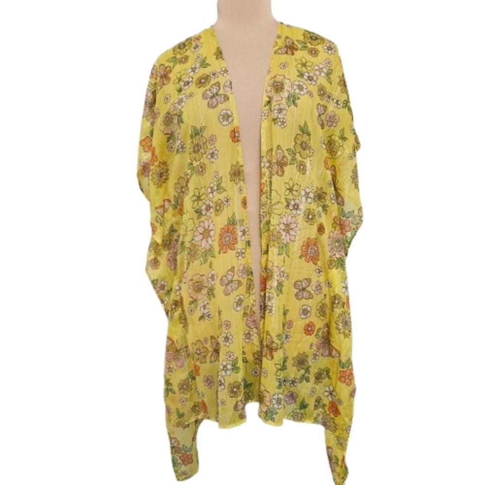 Yellow Floral Kimono Duster Lightweight Sheer Open Front One Size Summer Beachy‎